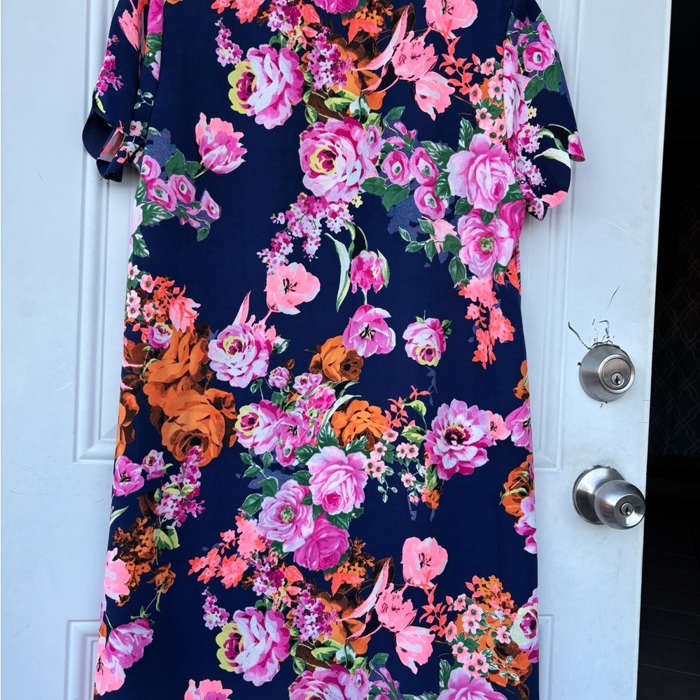 12 Pm By Mon Ami Navy Floral Midi Dress with Pink & Orange Blooms - Picture 4 of 7